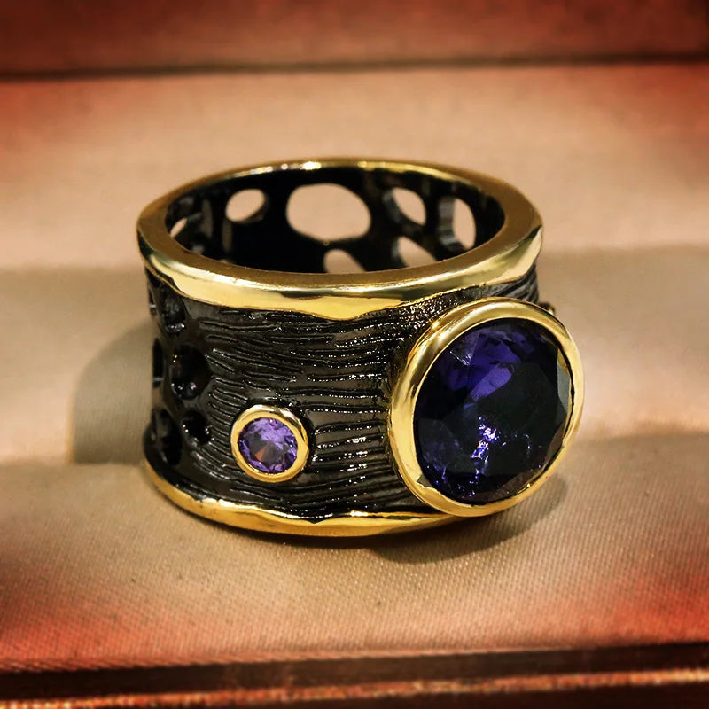 SSilver Plate Large Round Cut Amethyst Ring, Women's Vintage Black Gold Cocktail Ring, Italian Jewelry Antique Design