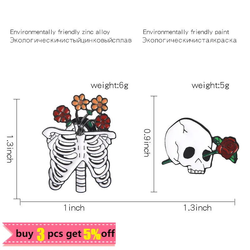 Skeleton with Flowers Enamel Pins Rib Cage and Skull with Flowers Brooch Halloween Pin Badges Goth Punk Jewelry Gift for Friends