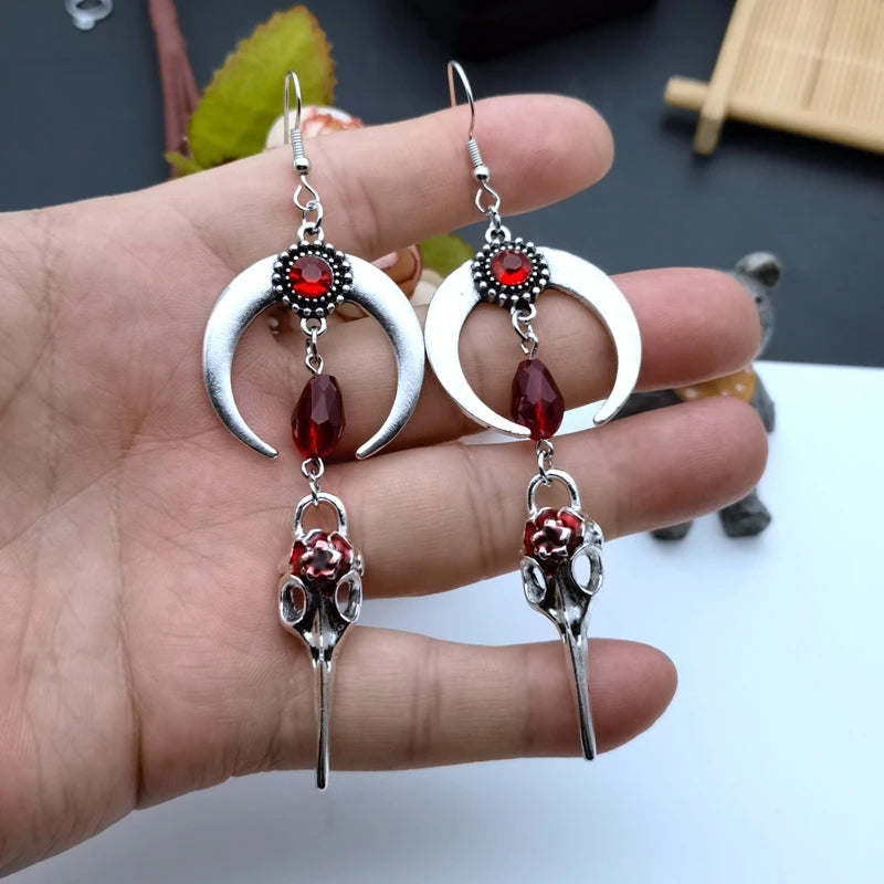 The New Crow Skull Earrings Goth Punk Style Horns Red Blood Drops Crystal Jewelry Gorgeous Fashion Ladies Gifts