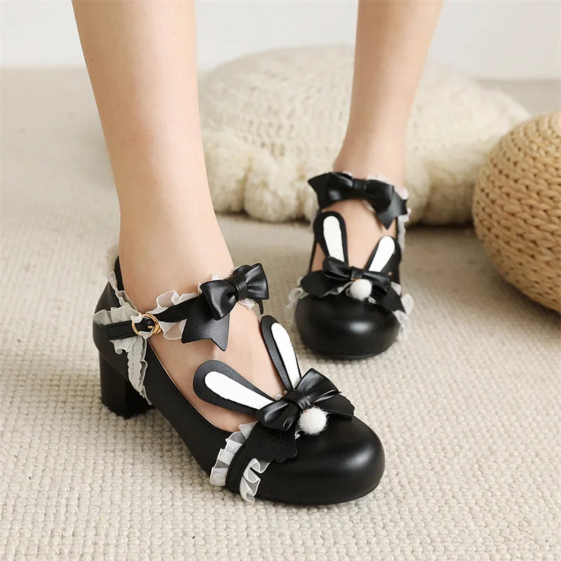 YQBTDL Drop Ship Bunny Ears Mary Janes Pumps Black Pink Block Heel Sweet Lolita Cosplay Shoes Rosette Ruffles Pompom 2022 Summer