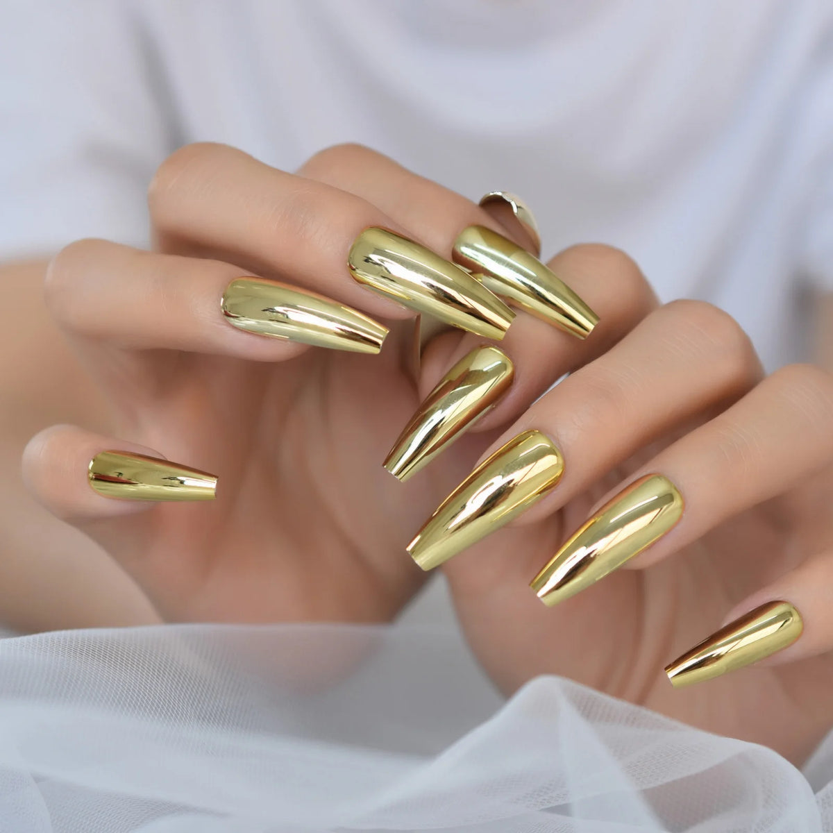 Metallic Coffin Nail Tips False Nails Long Ballerina Gold Mirror Fake Nails Press On Full Set For Fingernail Decorations