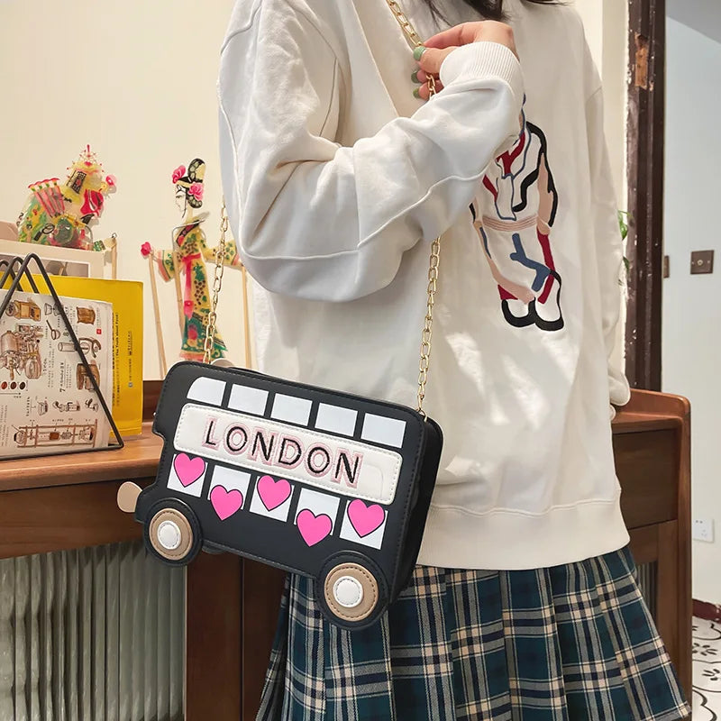 Cute LONDON Bus Design Girls Chain Shoulder Bag Embroidered Cartoon Women Novelty Purses And Handbags Fashion Red Crossbody Bag