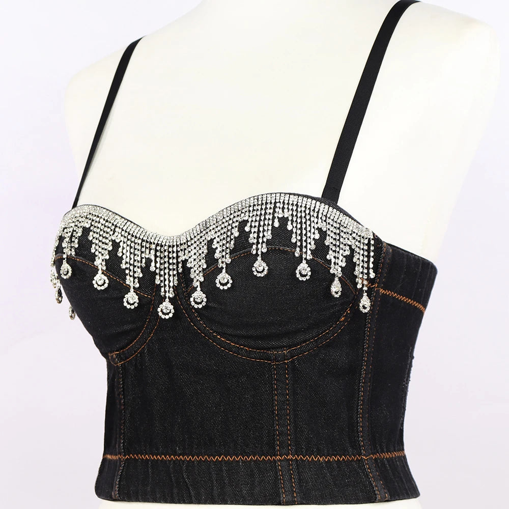 Denim Rhinestone Corset Crop Top - Festival Nightclub Party Runway Show Women’s Bra Top