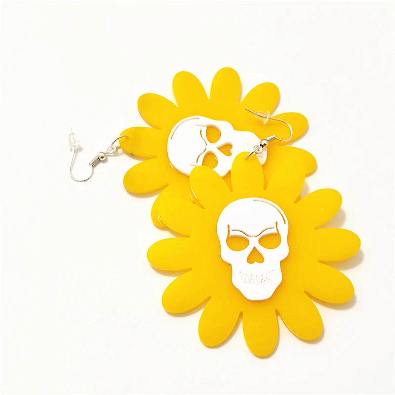 Sunflower Skull Dangle Earrings | Yellow White Acrylic Jewelry for Women | Halloween Punk Rock Accessories