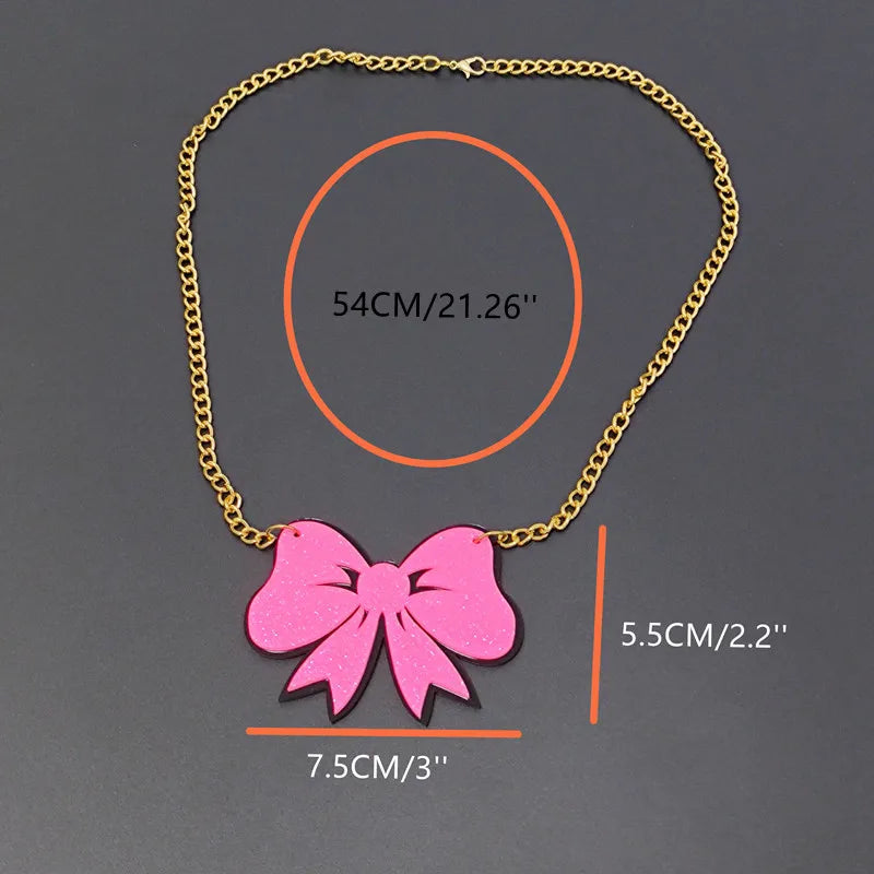 KUGUYS Glitter Pink Bow Pendant Necklace - Cute Acrylic Gold Color Chain Fashion Jewelry, Summer Accessories for Women