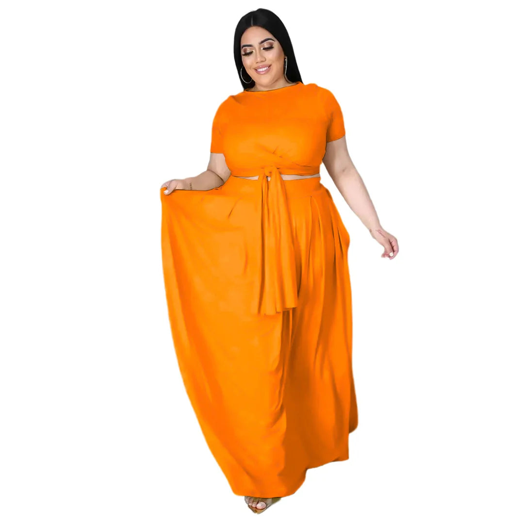 Plus Size Summer Two-Piece Set – Elegant Solid Cross Bandage Skirt and Short Sleeve Top, Women’s Outfit