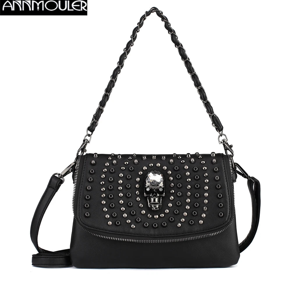 Annmouler Designer Women Shoulder Bag Black Medium Size Crossbody Bag Punk Stud Skull Handbag Purse with Chain Zipper Female Bag