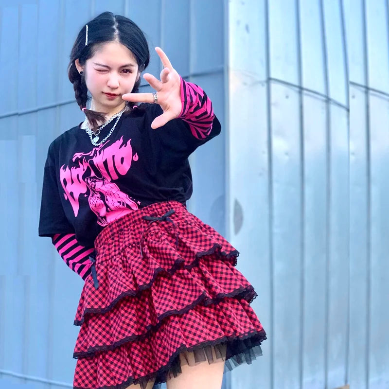 Original Japanese Harajuku Girls Red Purple Plaid Skirts - Gothic Punk Sweet Lolita Cake Mini Skirt, Kawaii Short Ball Gown Skirts