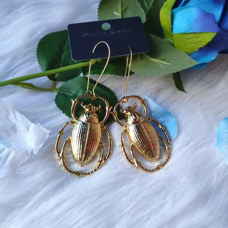 Goth Black Giant Scarab Beetle Earrings: Exaggerated Insect Statement Pieces, Punk Jewelry Fashion with Nature-Inspired Design, Big Dangle & Drop for Women's Gifts