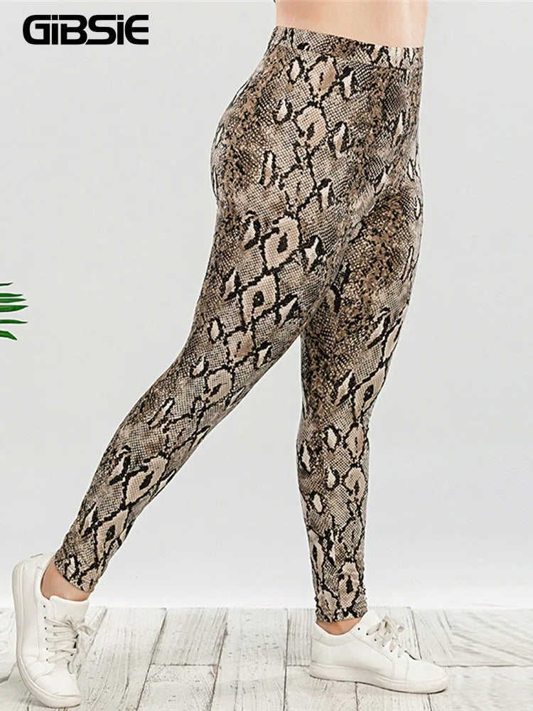 GIBSIE Plus Size Snake Print Slim Leggings - Women's Casual Streetwear High Waist Skinny Leggings for Spring/Summer