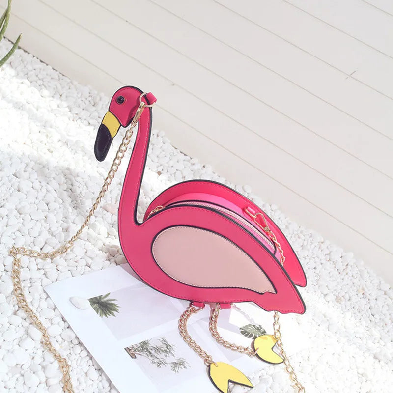 Flamingo Chain Shoulder Bag - Affordable Women's O Bag with Pink Bird Design, Feminine Leather Handbag for Beach and Casual Use