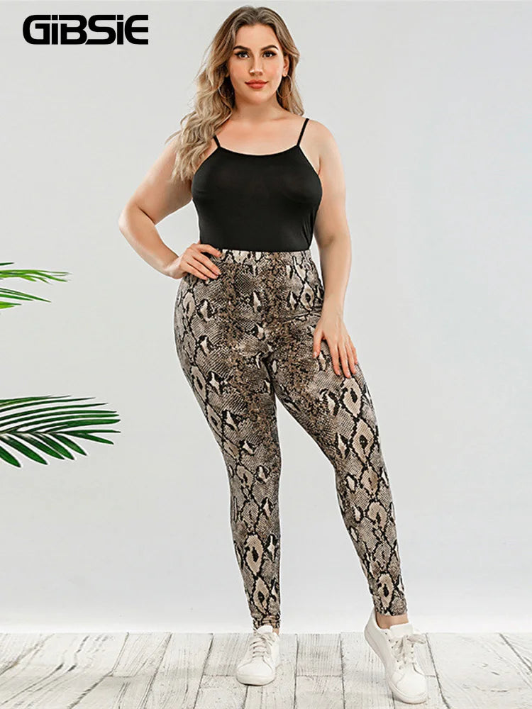 GIBSIE Plus Size Snake Print Slim Leggings - Women's Casual Streetwear High Waist Skinny Leggings for Spring/Summer