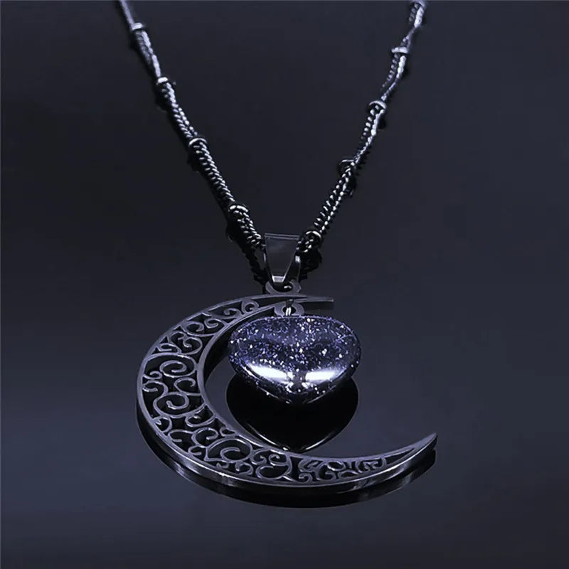 Black Stainless Steel Natural Stone Charm Necklace - Women's Moon Heart Jewelry