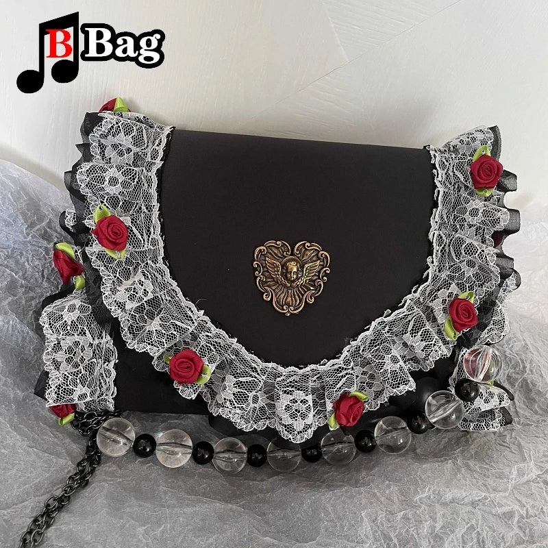 Women’s Gothic Retro Roses and Lace Underarm Satchel Handbag | Beaded Handle and Chain Strap