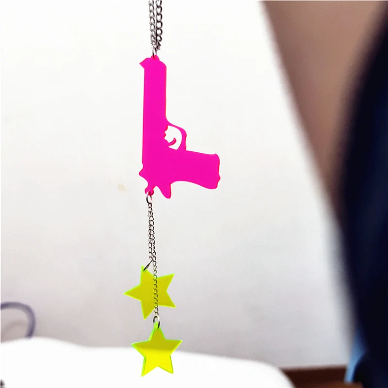 Gun and Stars Long Pendant Necklace - Silver Tassel Chain, Pink & Green Acrylic Punk Rock Jewelry for Women & Men