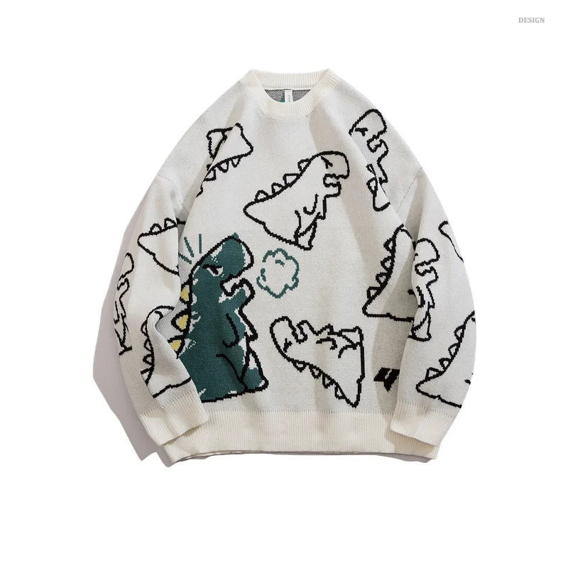 FGKKS Men’s Fashion Knitted Hip Hop Dinosaur Cartoon Pullover - Oversized Casual O-Neck Sweater for Couples”m