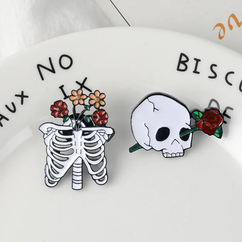 Skeleton with Flowers Enamel Pins Rib Cage and Skull with Flowers Brooch Halloween Pin Badges Goth Punk Jewelry Gift for Friends