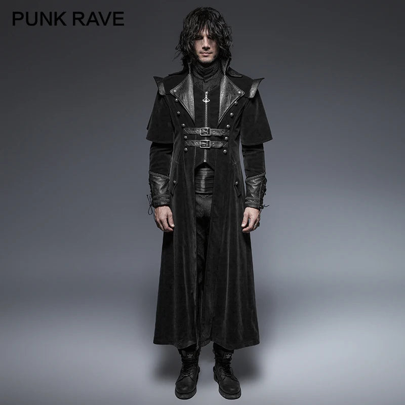 PUNK RAVE Gothic Leather Belts Crimp Shoulder Zip-lined Men Long Trench Coat Black Jacket Overcoats Halloween Christmas Party