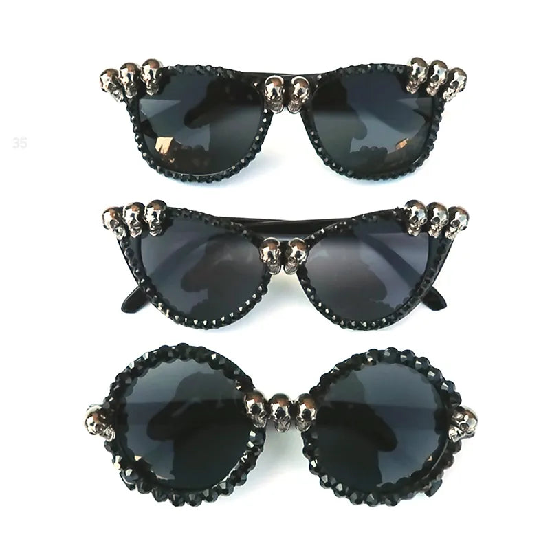 Women Gothic Skull Sunglasses Black Cat Eye Rhinestone Gorgeous Cateye UV400 Protection Ladies Round Sun Glasses Vintage Eyewear