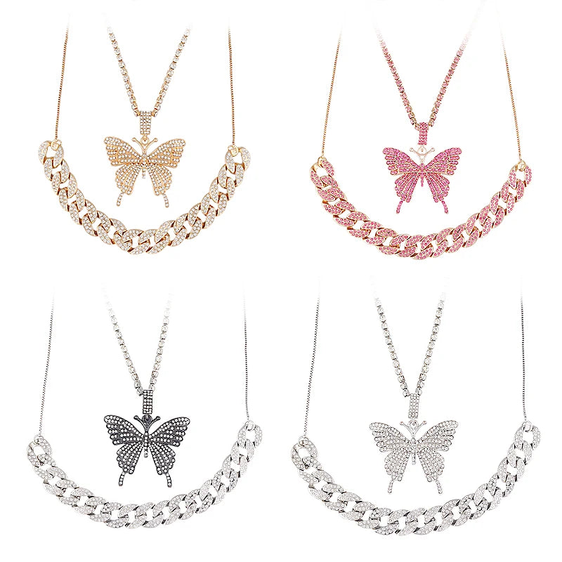 Butterfly Pendant Necklace Set Rhinestone Hip Hop Jewelry Women Bling Cuban Link Chain