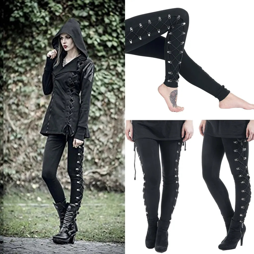 Y2k Gothic Pants Women Leggings Ladies Harajuku Side Lace Up Legging Black Skinny Trousers Streetwear Vintage Punk Leggins Mujer