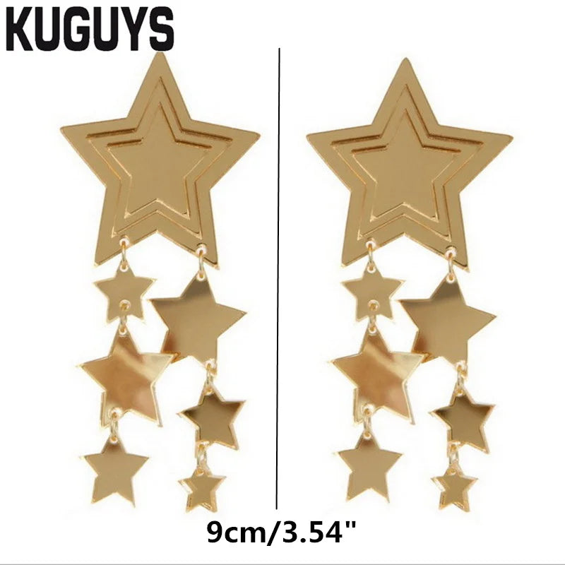 KUGUYS Golden Mirror Acrylic Star Long Drop Earrings - Trendy Fashion Accessories for Women