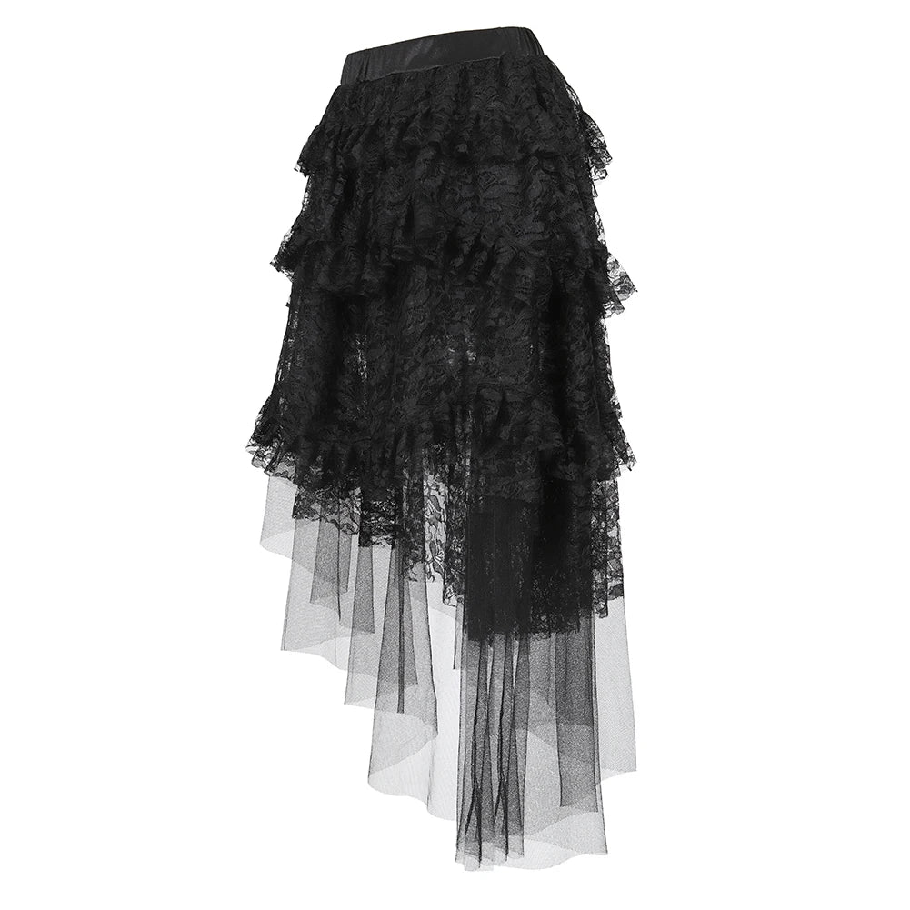 Sexy Black Lace Layered Pleated Skirt - Steampunk Asymmetrical High Low Ruffle Tulle Long Skirt, Plus Size