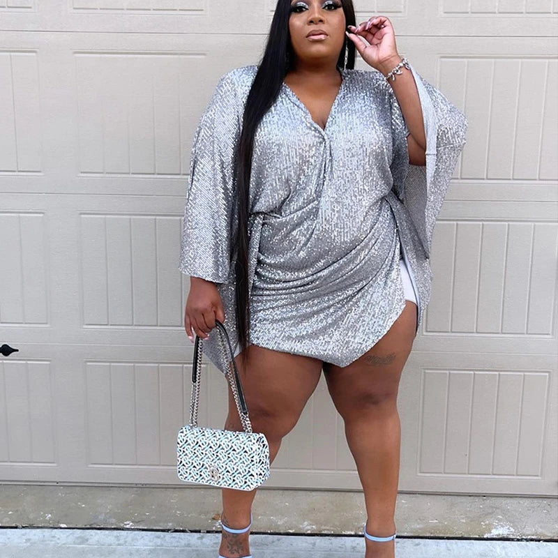 Plus Size Sequin Party Dress – High Waist V-Neck Batwing Sleeve Mini Dress, Sexy Silver Birthday Outfit