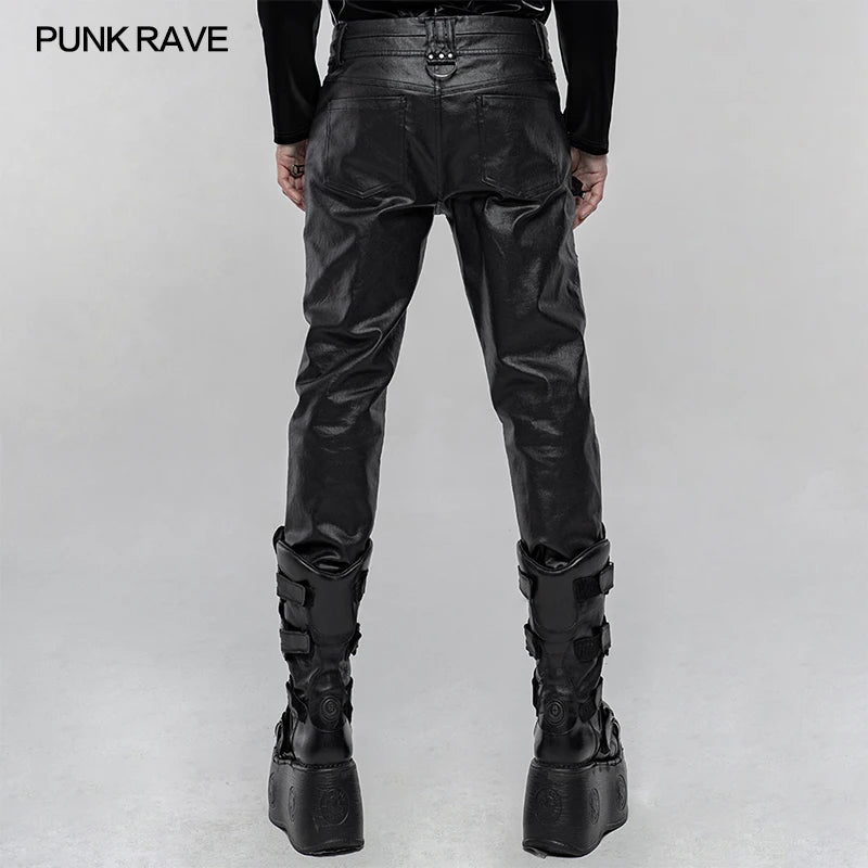 PUNK RAVE Men's Punk Imitation Leather Handsome Pants Daily Casual Zipper Bag Decoration Men Fashion Pencil Trousers Street Wear