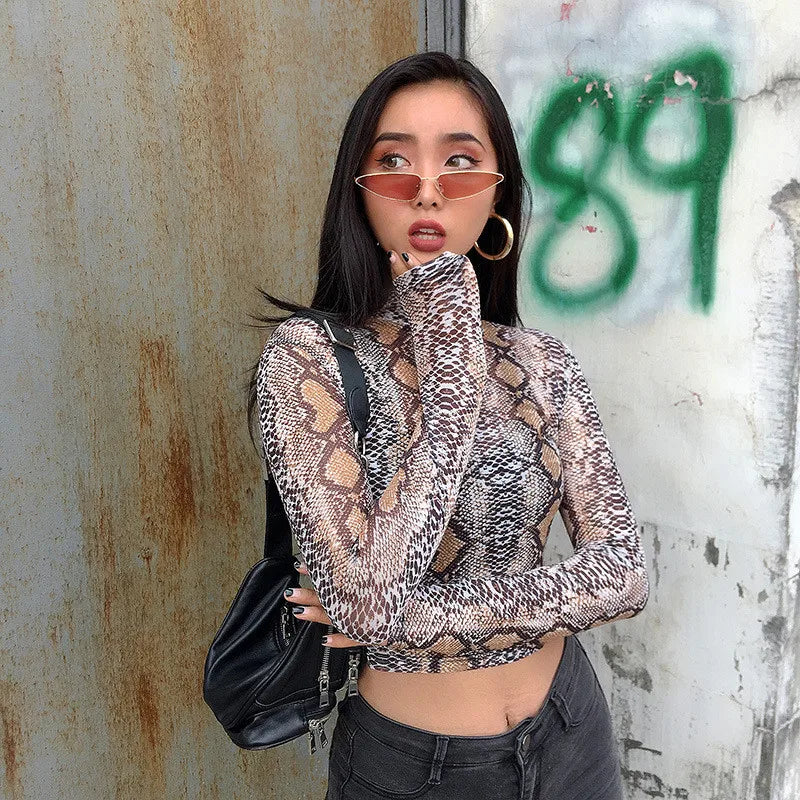 Green Snake Print Mesh Top - Casual Long Sleeve Transparent Snakeskin T-shirt for Women, High Neck Crop Style