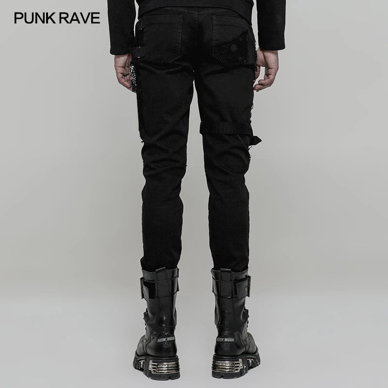 PUNK RAVE Men's Punk Personality Slim-Fitting Vintage Trousers Rock Fashion Casual Ghost Head Rivet Men Denim Pants