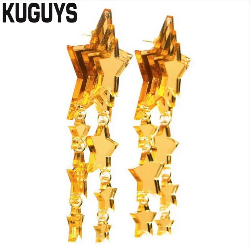 KUGUYS Golden Mirror Acrylic Star Long Drop Earrings - Trendy Fashion Accessories for Women