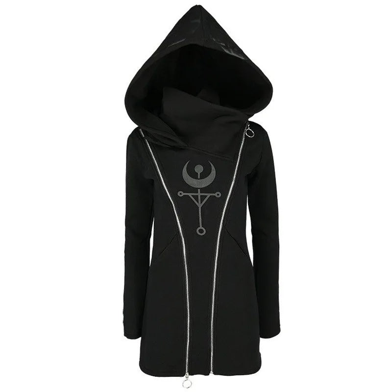 5XL Plus Size Halloween Medieval Women's Punk Style Print Long Sleeve Hooded Double Zipper Hoodies Long Black Hoodie