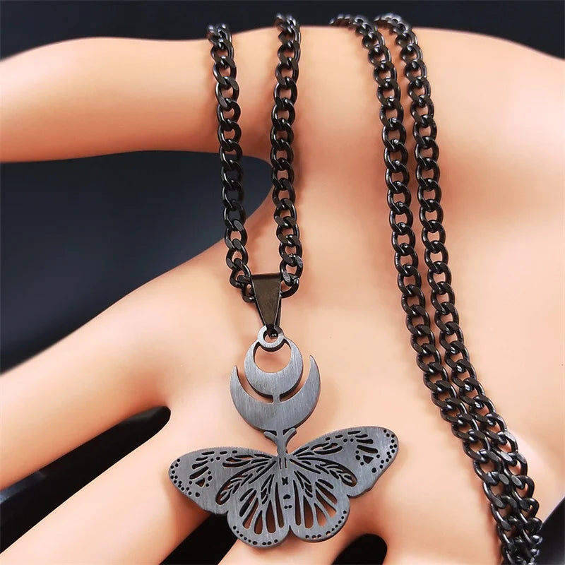 Goth Crescent Moon Butterfly Snake Stainless Steel Black Necklace