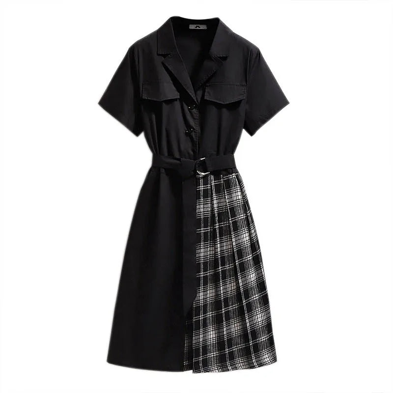 Plus Size Women’s Summer Asymmetric Plaid Dress - Notched Waist Black Dress