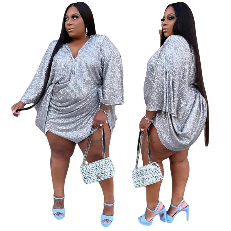 Plus Size Sequin Party Dress – High Waist V-Neck Batwing Sleeve Mini Dress, Sexy Silver Birthday Outfit