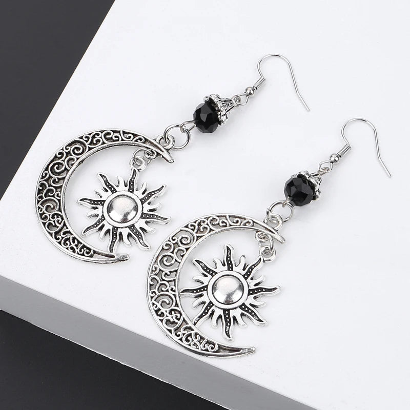 Gothic Dark Style Moon Sun Pentagram  Dangle Earrings