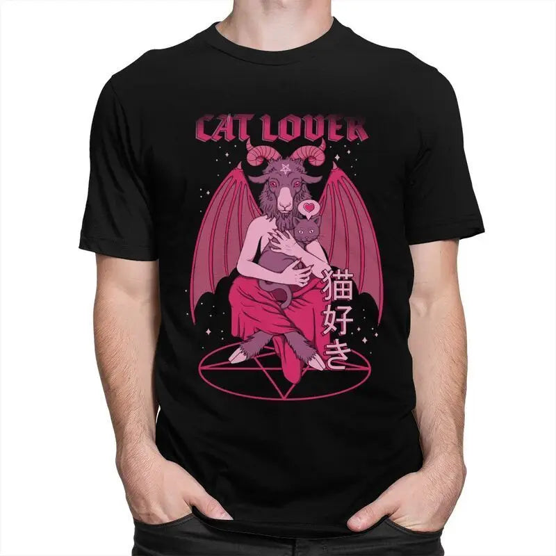 Funny Baphomet "Cat Lover" Occult-Inspired Men's Cotton Tee - Lucifer Goat Summer T-Shirt