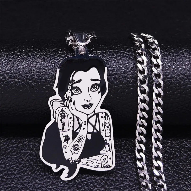 Dark Tattoo Princess Necklace – Black Stainless Steel Pendant Jewelry for Women & Men