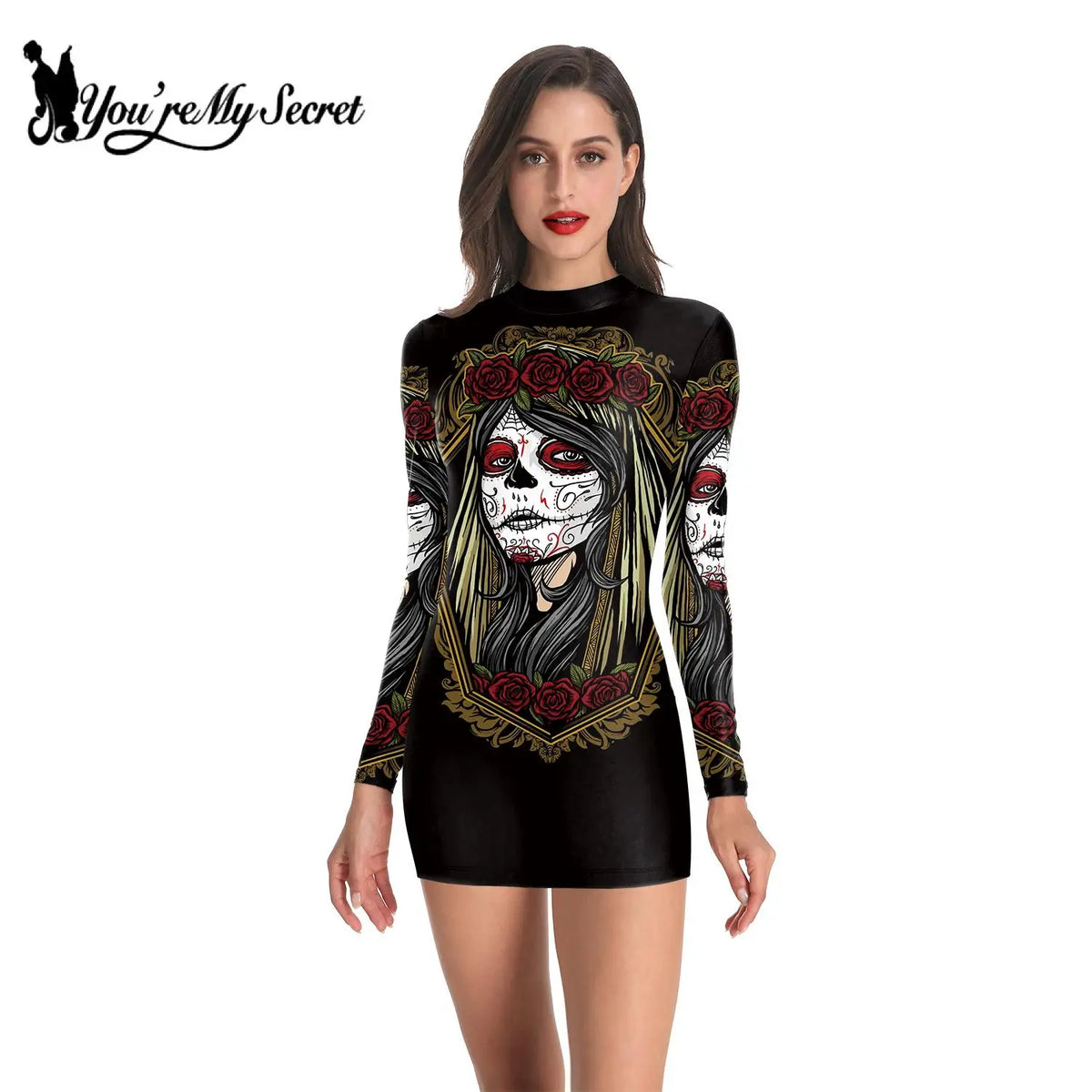 [You're My Secret] Halloween Party Dress 3D Skeleton Print Women Long Sleevele Gothic Harajuku Dress Sexy Street Ladies Clothing