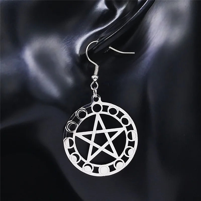 Witchcraft Pentagram Stainless Steel Drop Earrings - Moon Phase Women’s Jewelry