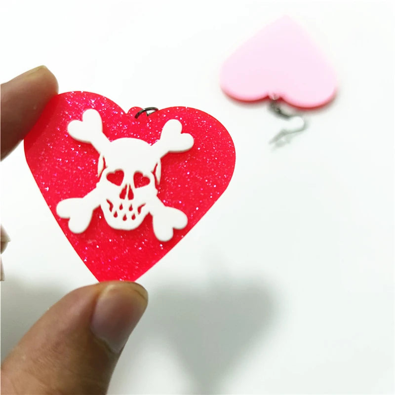 Peach Heart Skull Halloween Drop Earrings | Glitter Rose Red White Skeleton Jewelry for Women