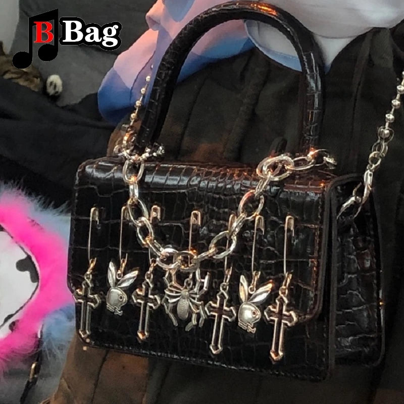 Harajuku Gothic Metal Punk Shoulder Bag: Edgy Spice Girls Inspired Crossbody with Dark Rabbit and Spider Accents