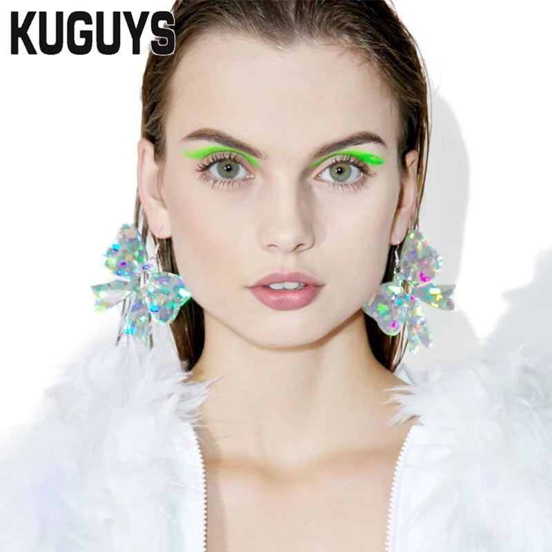 Laser Acrylic Bowknot Fairy Large Drop Earrings for Women - Trendy Fashion Accessories by KUGUYS