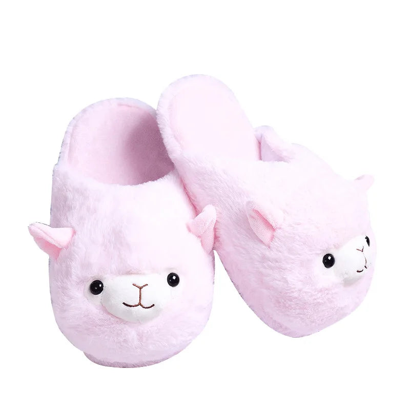 Cute Cartoon Alpaca Indoor Slippers for Women – Winter Home Floor Shoes with Warm Faux Fur, Soft Sole Slides