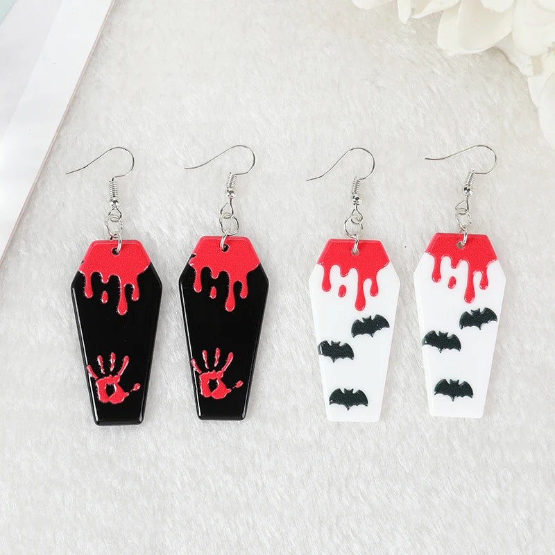 1 Pair Horror Blood Bat Coffin Drop Earrings – Acrylic Creepy Halloween Gifts for Women Jewelry