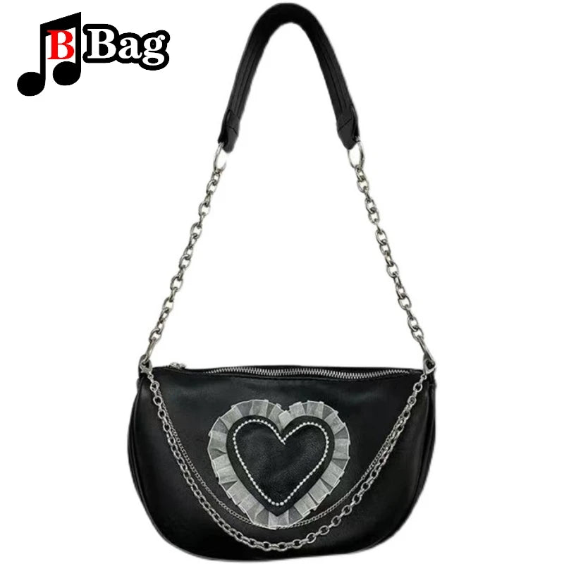 Europe America Harajuku Women Girls Love Heart PU Leather Bag | Single Shoulder Handbag with Punk Skull Chain