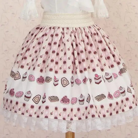 Summer New Women Full of Cakes Printed Plus Size Skirt | Cute Lolita Princess Kawaii Japanese Lace Hem Elastic Waist Pink