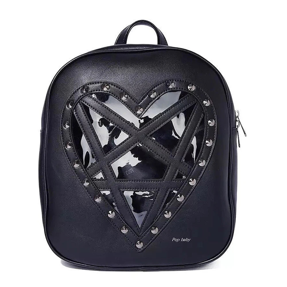 Harajuku Goth Heart-Shaped Backpack for Women - Studded Shoulder School Bag, Punk Hollow Out Leather Travel Bag with Rivets