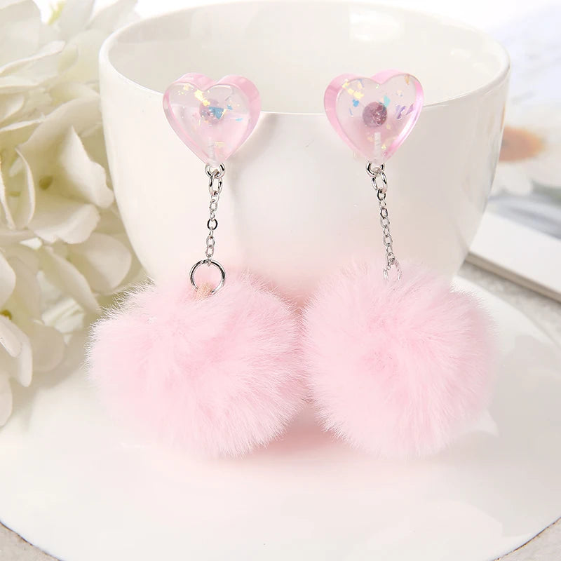 1 Pair Cute Heart Resin Stud Earrings with Puffer Ball – Fashion Jewelry for Women, Perfect Gift